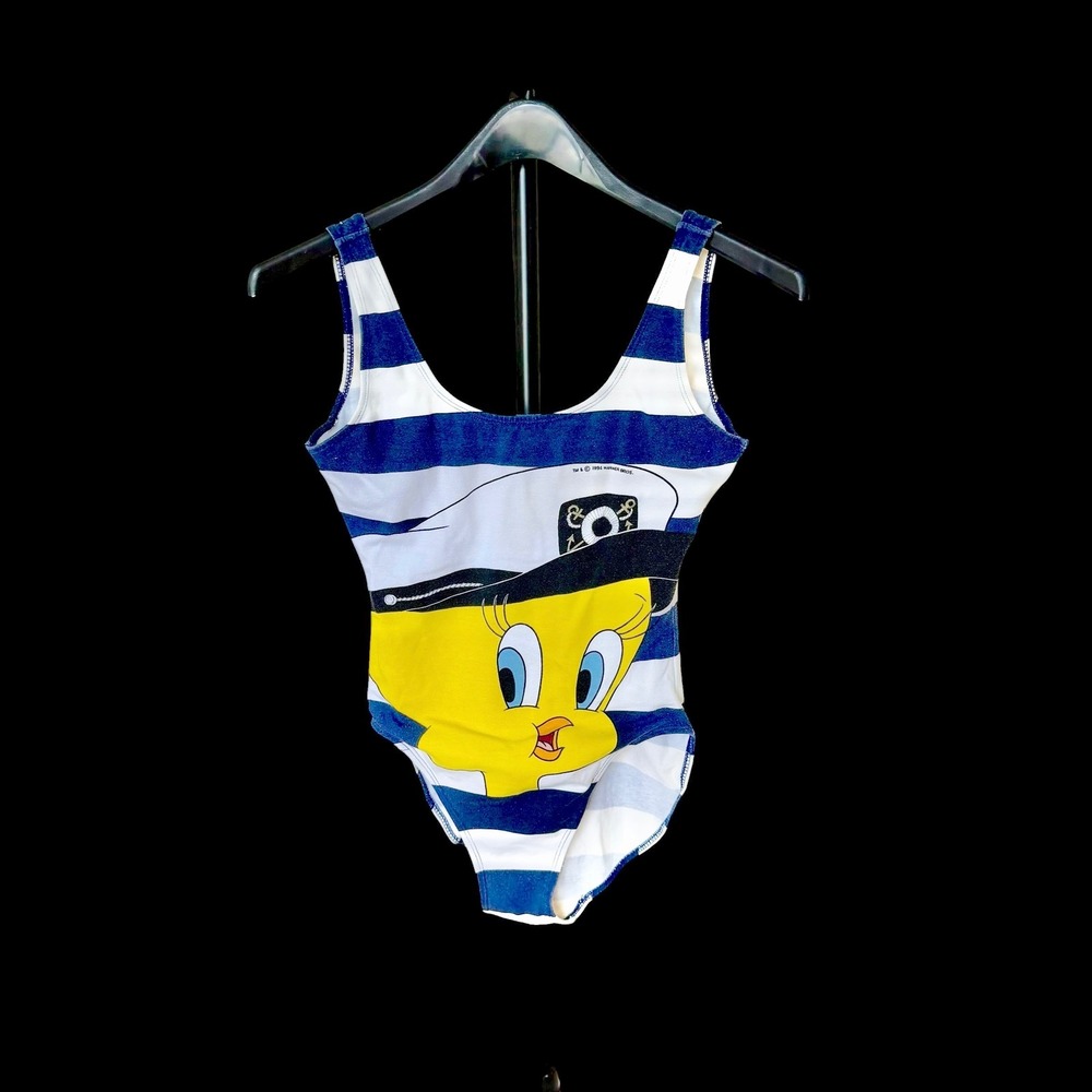 Vintage 1994 Looney Tunes Tweety Bird One Piece Swimsuit Navy White 9/10